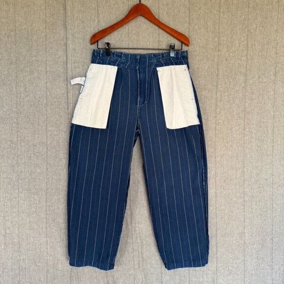 J. Crew Indigo Stripe Paper Bag Loose Fit Straight Leg Trouser Pants Size 10 - Picture 8 of 16